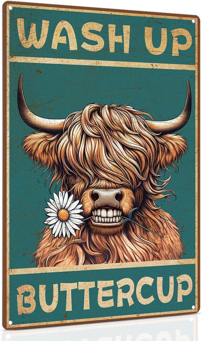ALKB Highland Cow Sign Bathroom Wall Cow Painting for Western & Highland Cow Lovers - Funny Wash Up Sign 8 x 12 Inch - Image 1